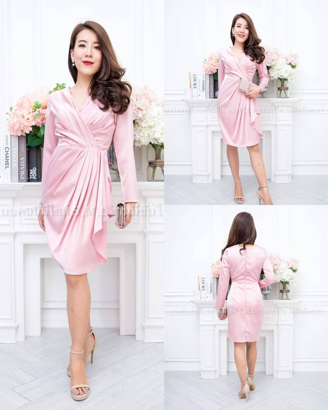 kudapy ชุดเดรสสั้นใส่ออกงาน คอป้าย แขนยาว จับจีบเอวระบาย