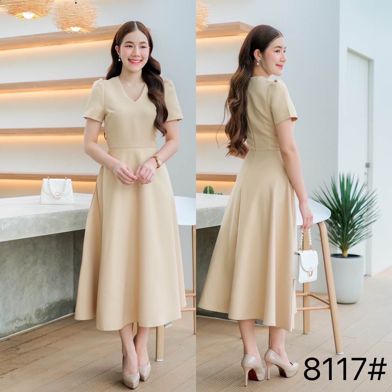 kudapy เดรสสั้นสีขาว ดำ ชมพูพาสเทล ทอง กรม แขนสั้น คอวี เกาหลีมากแม๊ คัตติ้งเริศแบบอลัง เข้ารูป เก็บทรง เอวสับๆ กระโปรงบาน