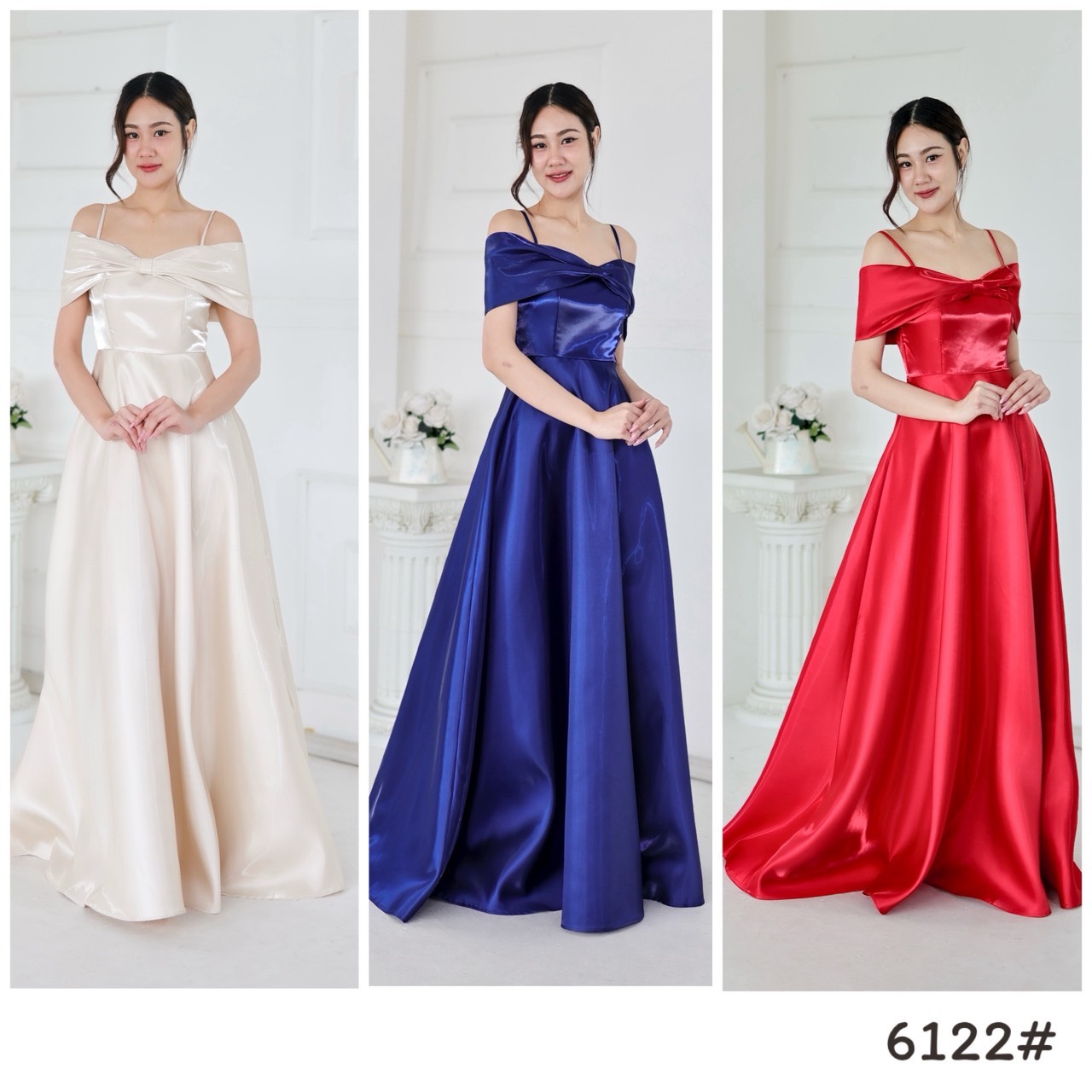 kudapy เดรสยาวเปิดบ่า กระโปรงบาน ทรงสวยเอวสูง ความยาวปิดข้อเท้า ผ้าไม่ยืด มีซับในทั้งตัว