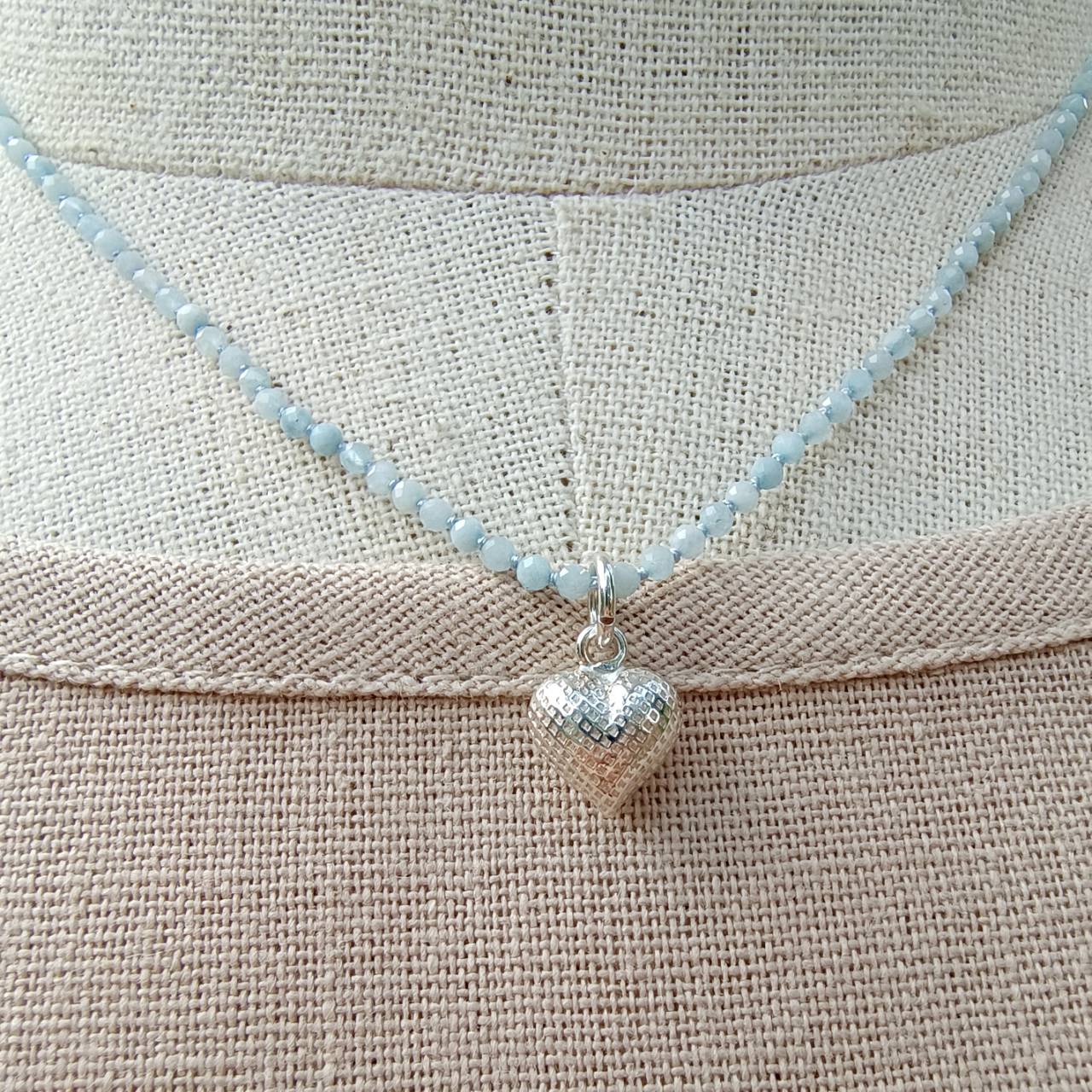 สร้อยคอเชือกถักหินอความารีนเจียรเหลี่ยม Aquamarine