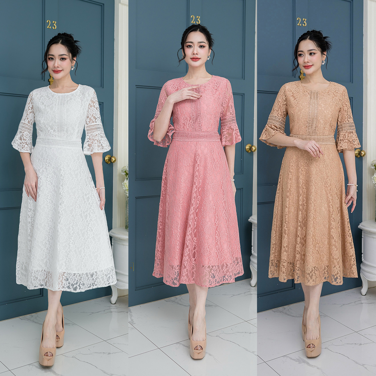 kudapy เดรสยาว ผ้าลูกไม้ลายดอก ดีไซน์แต่งคาดด้วยลูกไม้ช่วงเอว มีซับในทั้งชุด แต่งซิปหลัง
