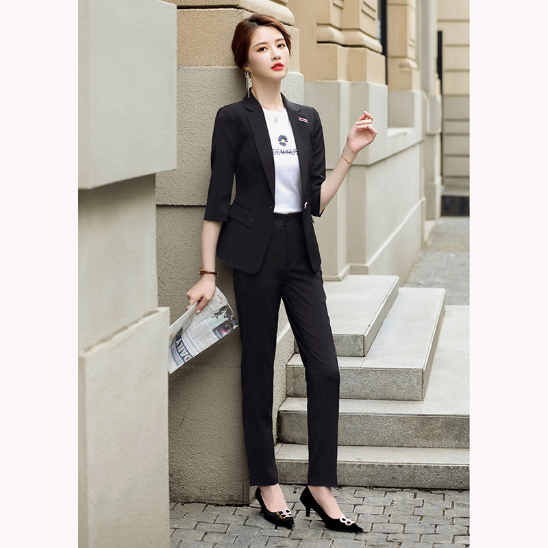 kudapy ชุดสูททำงานผู้หญิงสีดำแขนสามส่วนพร้อมกางเกง