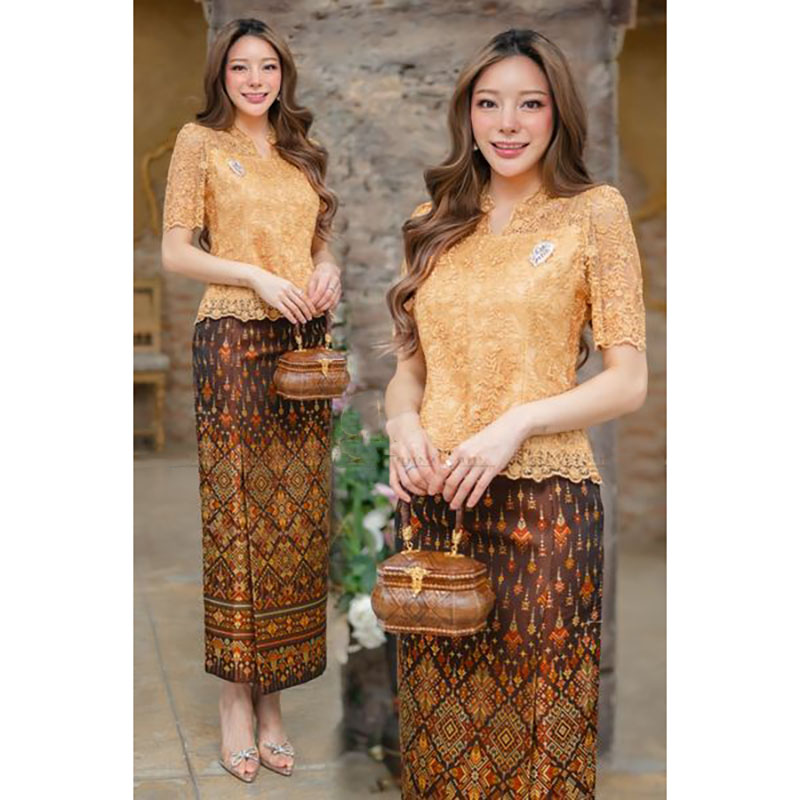 kudapy เซ็ทเสื้อลูกไม้คอวี แขนสั้นสีเขียว/สีเหลืองทอง/สีชมพู+ผ้าถุงผ้าไหมสวยดูดี ใส่ออกงาน งานเสื้อพรีเมี่ยมสุดๆ