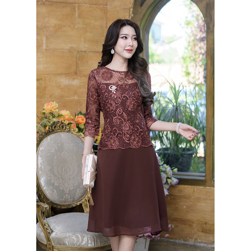 kudapy เดรสสั้นสีน้ำตาลแดง/สดำ/สีน้ำตาลโอวัลติน ลูกไม้ปักผ้าเกรดพรีเมี่ยม งานดีไซน์แขนห้าส่วน กระโปรงบานพริ้วเนื้อผ้า chiffon เบาสบาย