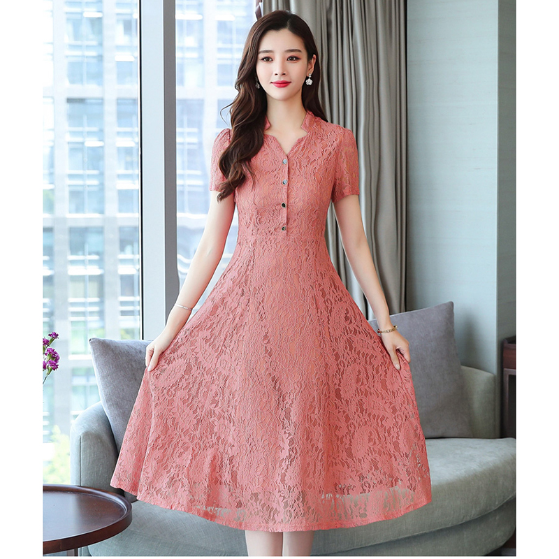 kudapy เดรสสั้นสีส้มอิฐ ผ้าลูกไม้ ยืดหยุ่นได้ แขนสั้น 2XL