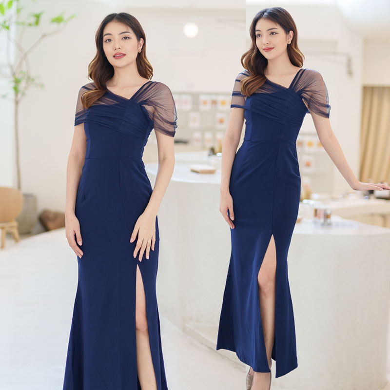 kudapy เดรสยาวสีน้ำตามอิฐ/ส้มอิฐ/สสีแดง/สีชมพู/สีกรม สไตล์เรียบหรูดูแพง ไหล่แต่งผ้าซีทรู กระโปรงยาวผ่าหน้า เหมาะสำหรับใส่เป็นชุดราตรี ชุดไปงานแต่งงาน ชุดเพื่อนเจ้าสาว