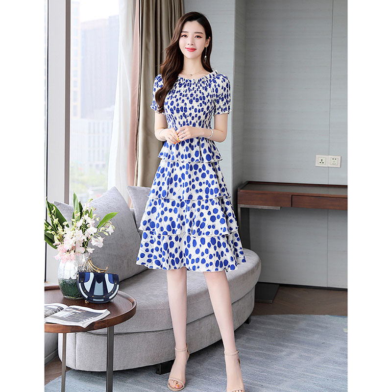 kudapy ชุดเดรสสั้นสีแดง,สีน้ำเงิน ใส่ทำงาน ผ้าโพลีเอสเตอร์ผสมพื้นสีครีม