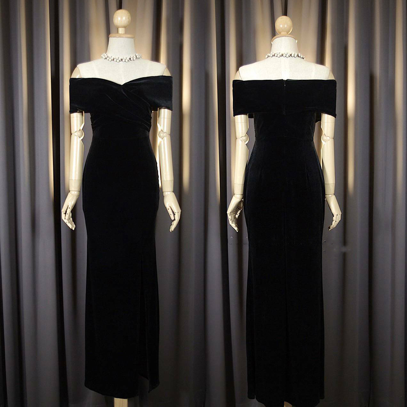 kudapy เดรสยาวสีดำ/สีน้ำเงิน/สีเขียว ผ้ากำมะหยี่ไขว้อก ทรงเปิดบ่า กระโปรงหางปลาผ่าหน้า ทรงนี้เรียบหรู