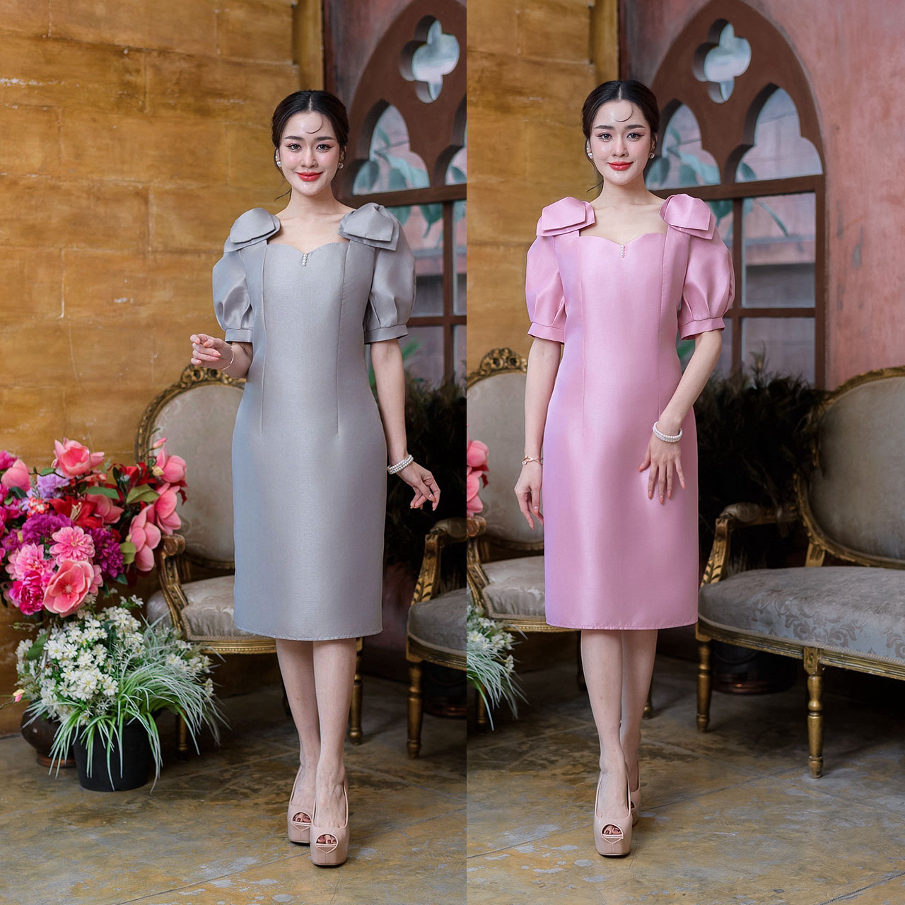 kudapy เดรสสั้นสีชมพู/สีเทา ผ้าไหมทั้งตัว ตัวแขนเป็นทรงแขนตุ๊กตา คอเสื้อทรงเหลี่ยมแต่งเคิพช่วงอกแต่งมุกเพิ่มทำให้ดูหวาน ไหล่มีแต่งเสริมโบว์