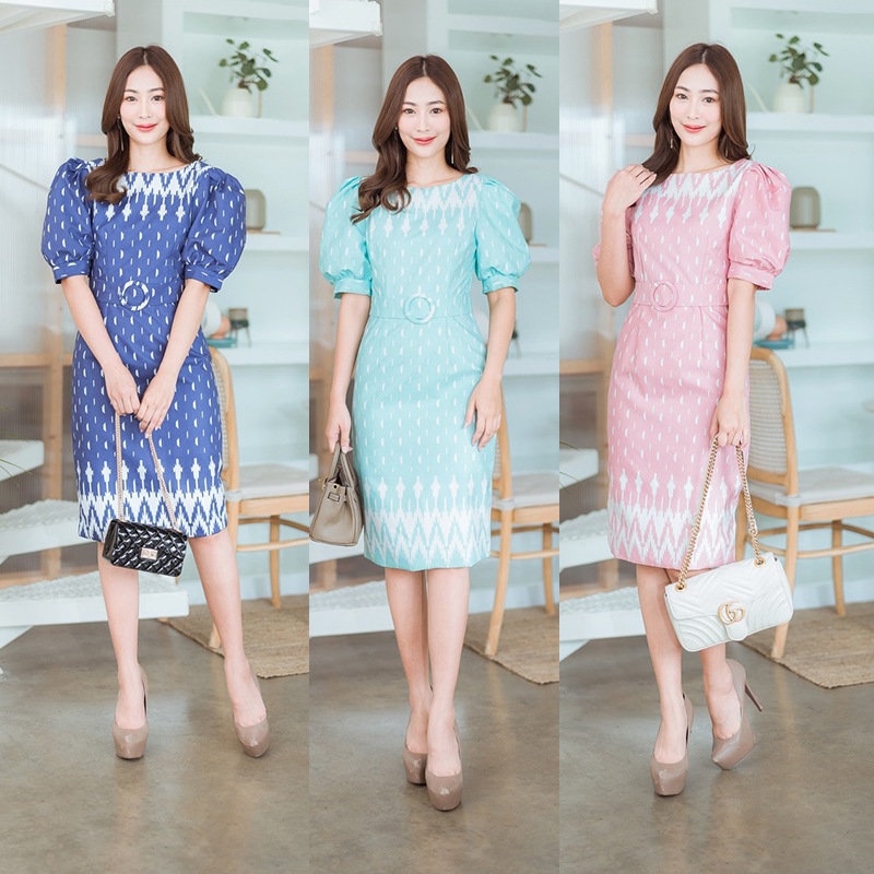 kudapy เดรสสั้นสีกรม/เขียว/ชมพู แขนตุ๊กตาสายรัดเอวลายไทยใส่ออกงานสวยดูเรียบร้อยมากๆ