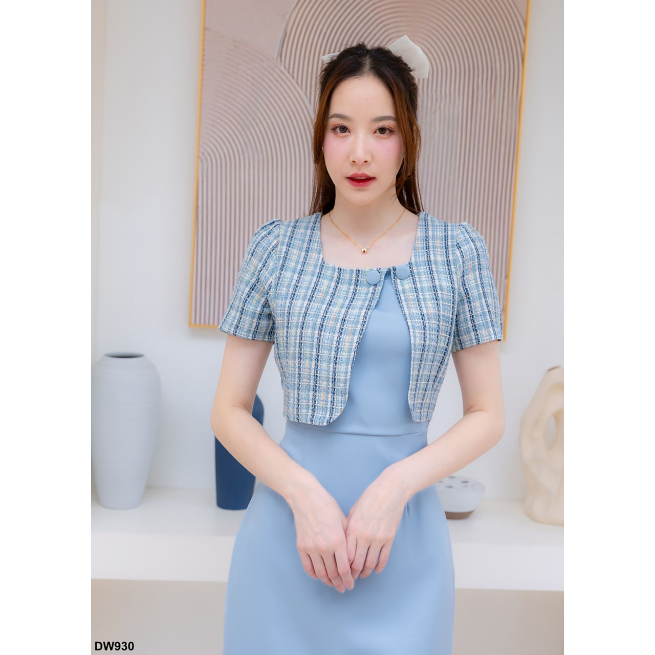 kudapy เดรสสั้นสีฟ้า/สีชมพุ/สีครีม ผ้าทอลายสก๊อตกระโปรงสีพื้น