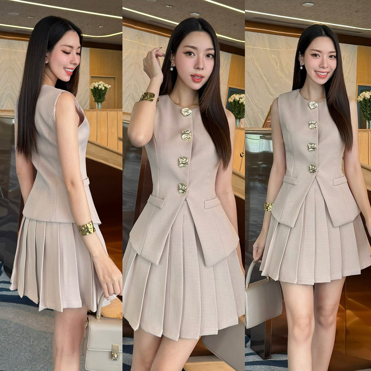 kudapy set เสื้อแขนกุด แต่งกระดุมสีทองเม็ดใหญ่ด้านหน้า(กระดุมทองเย็บติด ด้านใน มาพร้อมกับกระโปรงแต่งจีบ