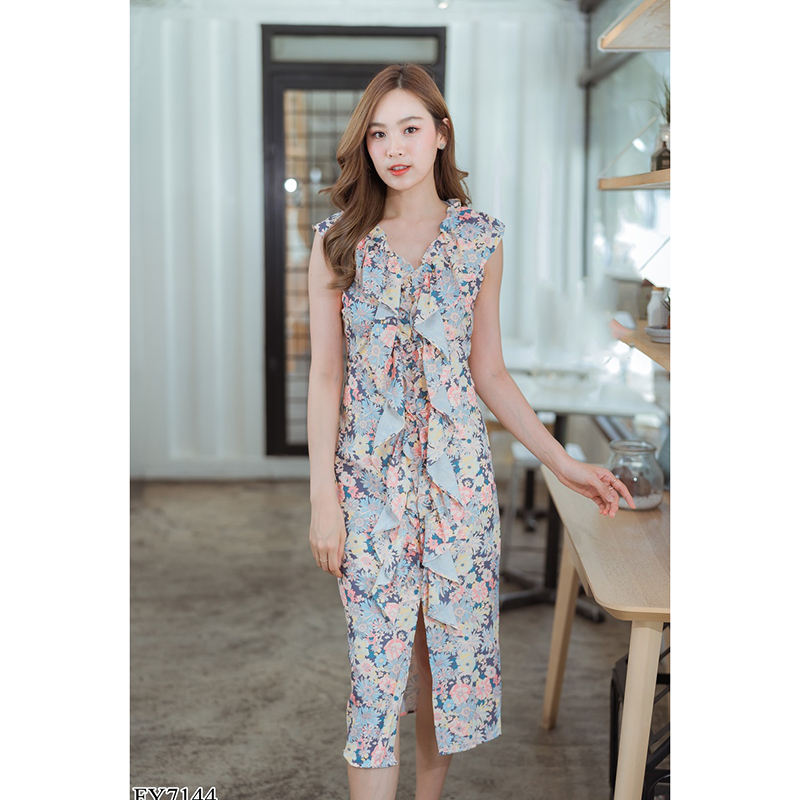 kudapy เดรสสั้นสีครีม/สีชมพู แขนกุดแต่งระบายหน้า