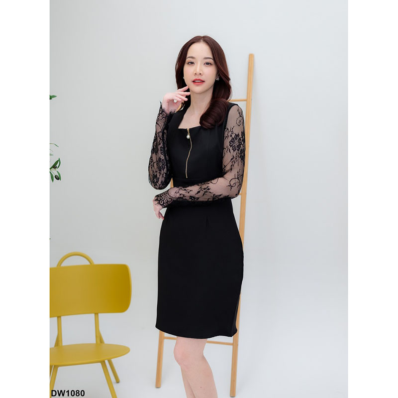 kudapy เดรสสั้นสีชมพู/สีขาว/สีดำ อกซิบแขนลูกไม้ยาว