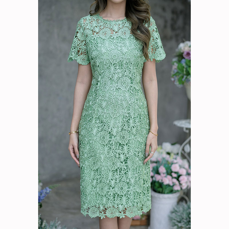 kudapy เดรสสั้นสีชมพูกะปิ/เขียว ลูกไม้ถักทรงแขนสั้น ทรงยอดนิยมของทางร้านค่ะ สวยเรียบใส่ง่าย