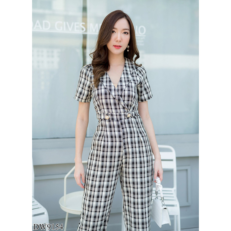 kudapy จั้มสูทขายาวคอวีสีกรม/สีชมพู/สีดำ ปกสูทขายาวลายสก๊อต