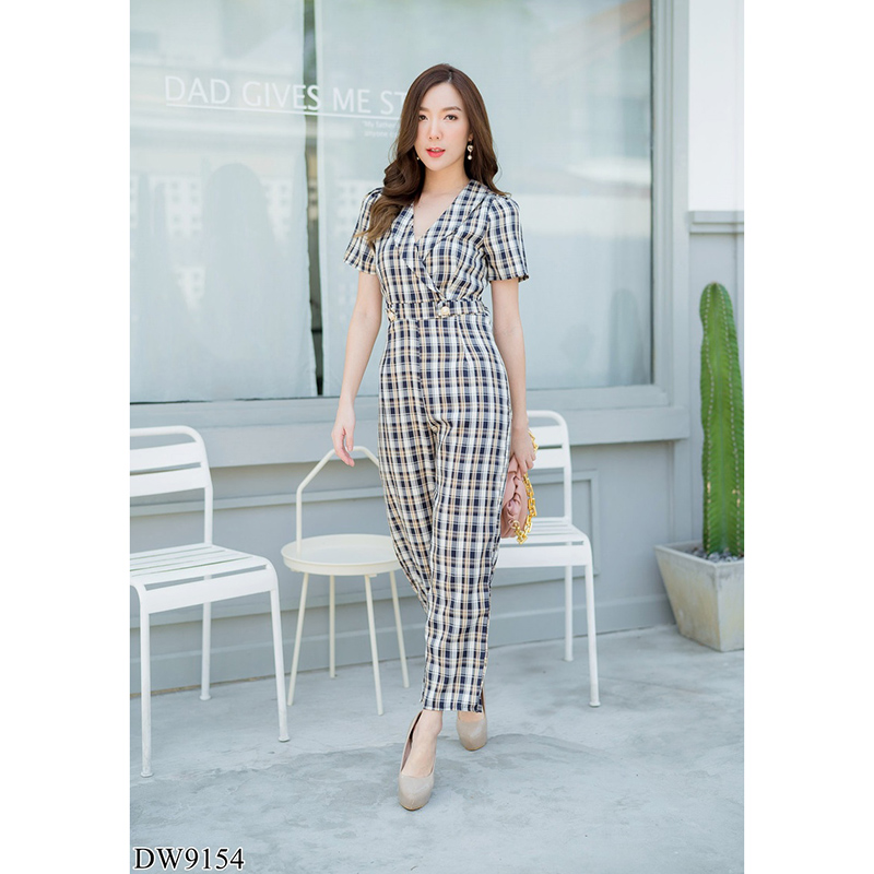 kudapy จั้มสูทขายาวคอวีสีกรม/สีชมพู/สีดำ ปกสูทขายาวลายสก๊อต