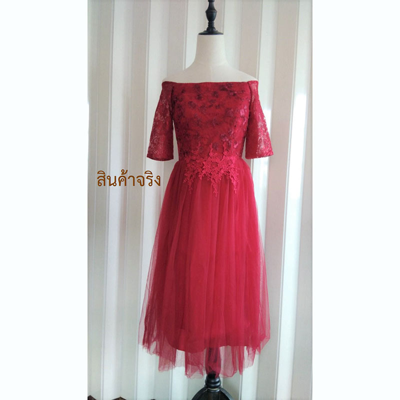 kudapy เดรสสั้นปาดไหล่สีแดง ชุดราตรีสั้นใส่ออกผ้าลูกไม้ เปิดไหล่ แขนสั้น กระโปรงผ้าโปร่งทรงบาน สวยหรู