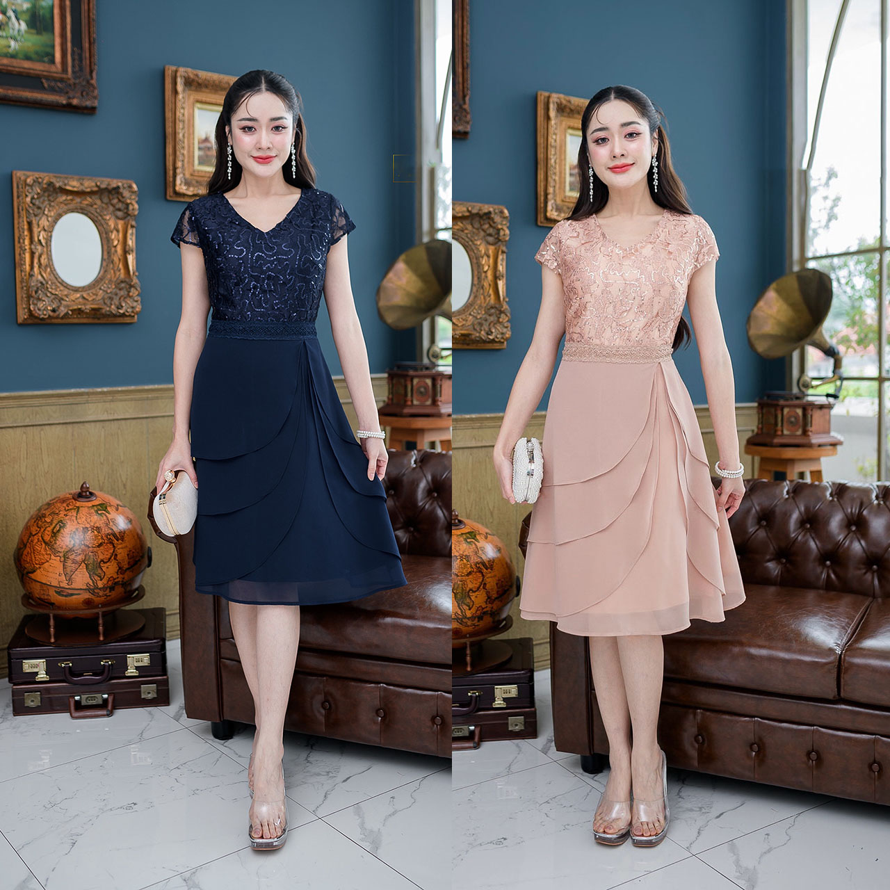 kudapy เดรสสั้นสีโรสโกลด์/สีกรม กระโปรงเลเยอร์สามชั้น กระโปรงผ้าชีฟอง เอวตกแต่งอะไหล่ลูกไม้เป็นเข็มขัดดีเทลสวย