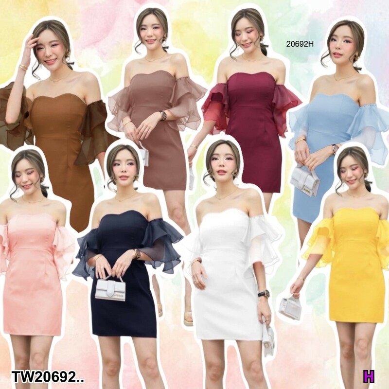 kudapy เดรสปาดไหล่แขนผ้าแก้ว สม็อกหลัง+ซิป งานเเพทเทิรน์สวย งานสวยดูหรู