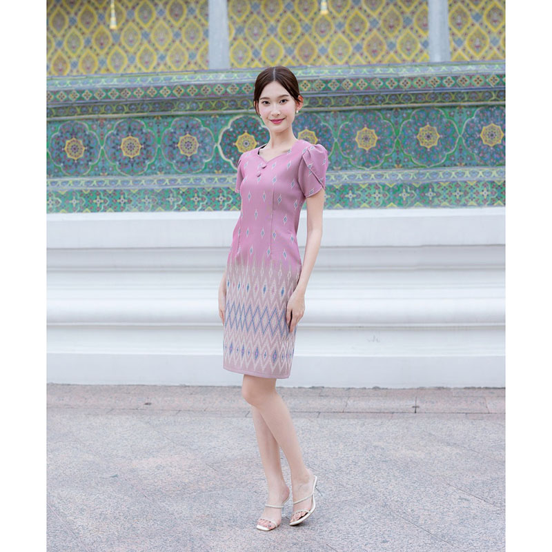 kudapy เดรสสั้นสีฟ้า/สีครีม/สีชมพู ผ้าทอแขนกลีบบัว ผ้าลายไทย ใส่ออกงานสวยดูดี
