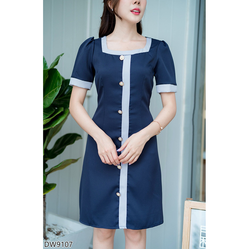 kudapy เดรสสั้นทูโทนคอเหลี่ยมสีชมพู/สีกรม/สีเขียว คอเหลี่ยมกระดุมหน้ายาว