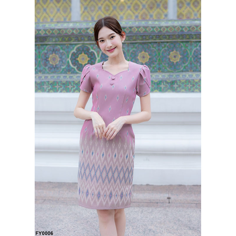 kudapy เดรสสั้นสีฟ้า/สีครีม/สีชมพู ผ้าทอแขนกลีบบัว ผ้าลายไทย ใส่ออกงานสวยดูดี