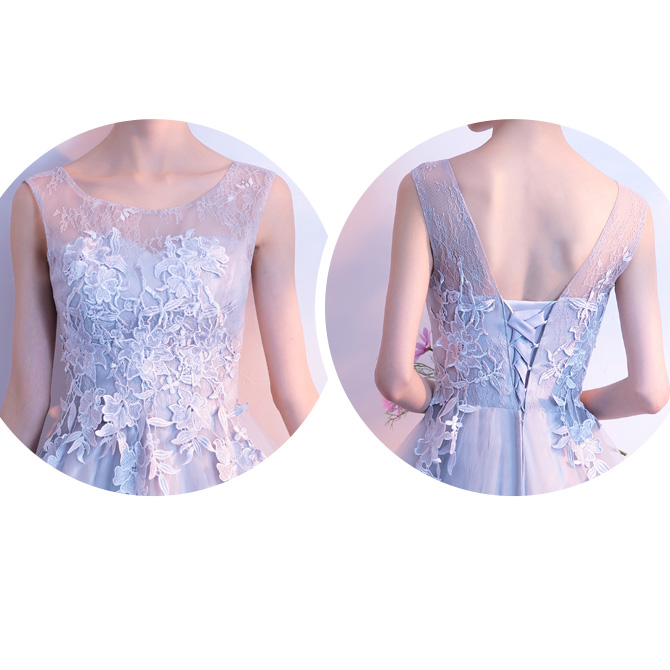 kudapy ชุดราตรีหน้าสั้นหลังยาวสีเทาฟ้า แขนกุด คอกลม ปักลูกไม้ตามแบบ กระดปรงผ้ามุง ซับในซานตินอย่างดี