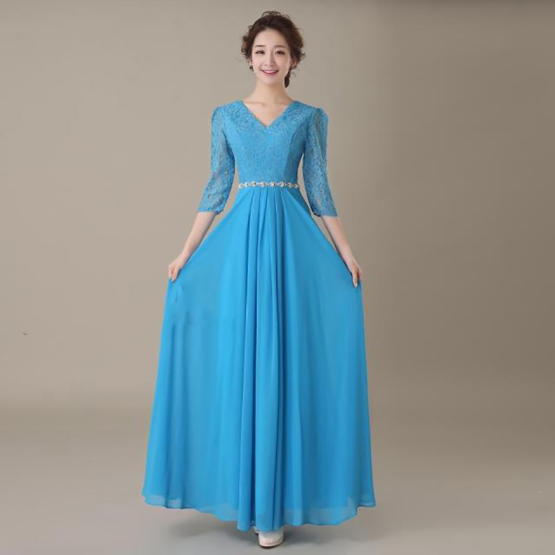 kudapy ชุดราตรียาวสีฟ้า ไซส์ใหญ่ แขนสามส่วน แต่งลูกไม้ กระโปรงผ้าชีฟอง เอวแต่งเพชร