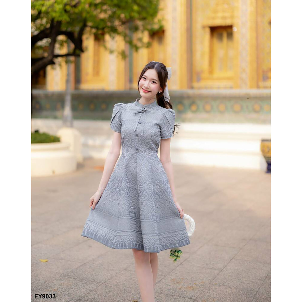 kudapy เดรสสั้นสีม่วง/สีเทา/สีเหลือง เดรสไทยทรงบานแขนกลีบบัว