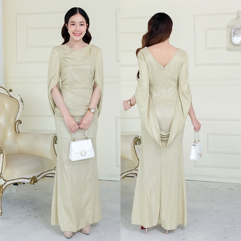 kudapy เดรสยาวสีชมพู/สีเงิน/สีทอง/สีดำ/สีม่วงแดง/สีนำ้เงิน แขนถ่วง คอปาด ใส่เปิดบ่าได้ ทรงเข้ารูป ผ่าหลัง รุ่นนี้หรูหรามา