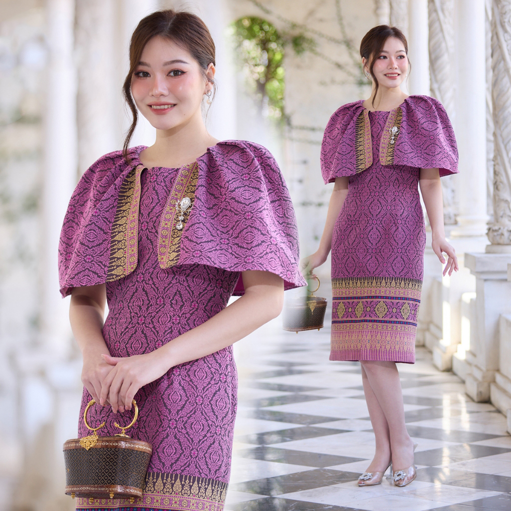 kudapy เดรสสั้นคลุมเข่า ออกงานสีม่วง สีเหลือง เดรสผ้าไหมไทยทอลาย งานตัดผ้าไหมไทย