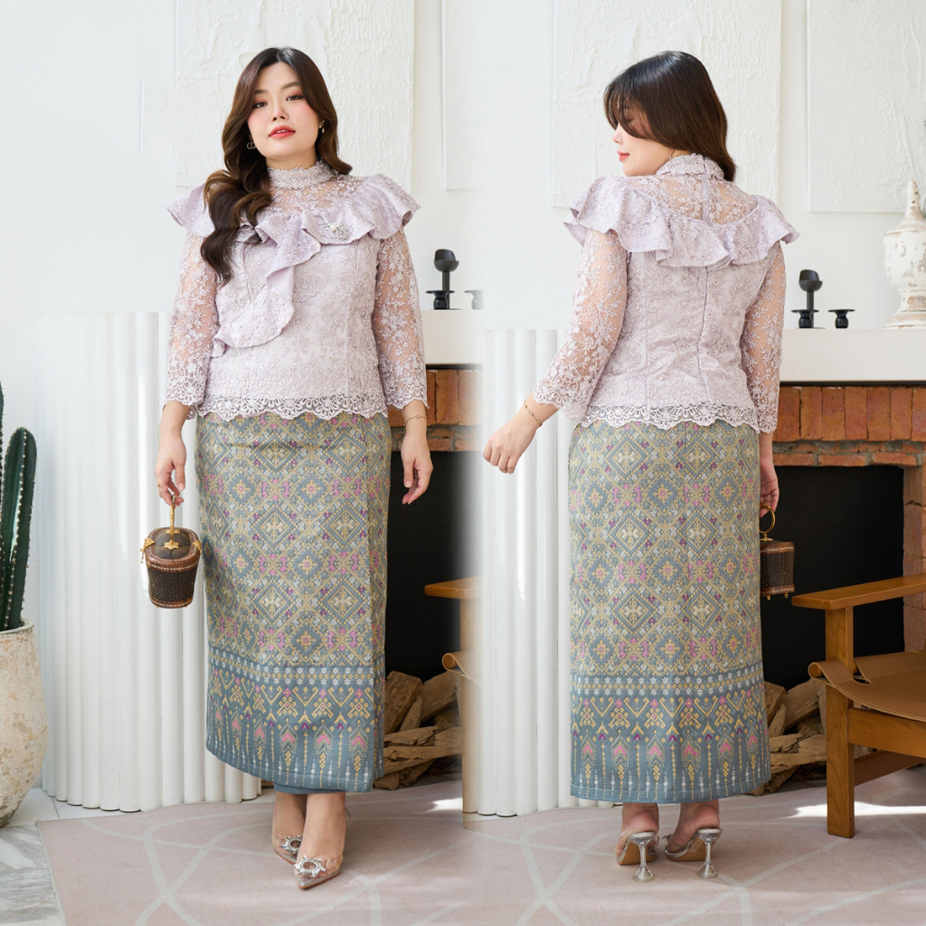 kudapy ชุดเซ็ทออกงานสีเทา +ผ้าถุงทอลายแพรวากาฬสินธุ์ คอจีน แขนยาว แต่งระบายไหล่