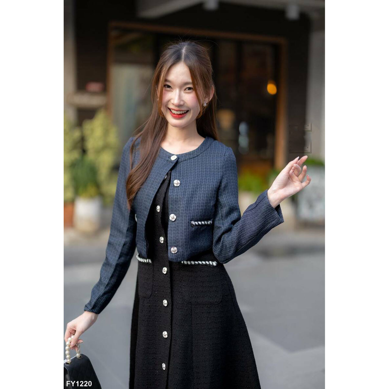 kudapy เซ็ทออกงานผ้าทวิต+เสื้อคลุมสีขาว/สีแดง/สีดำ