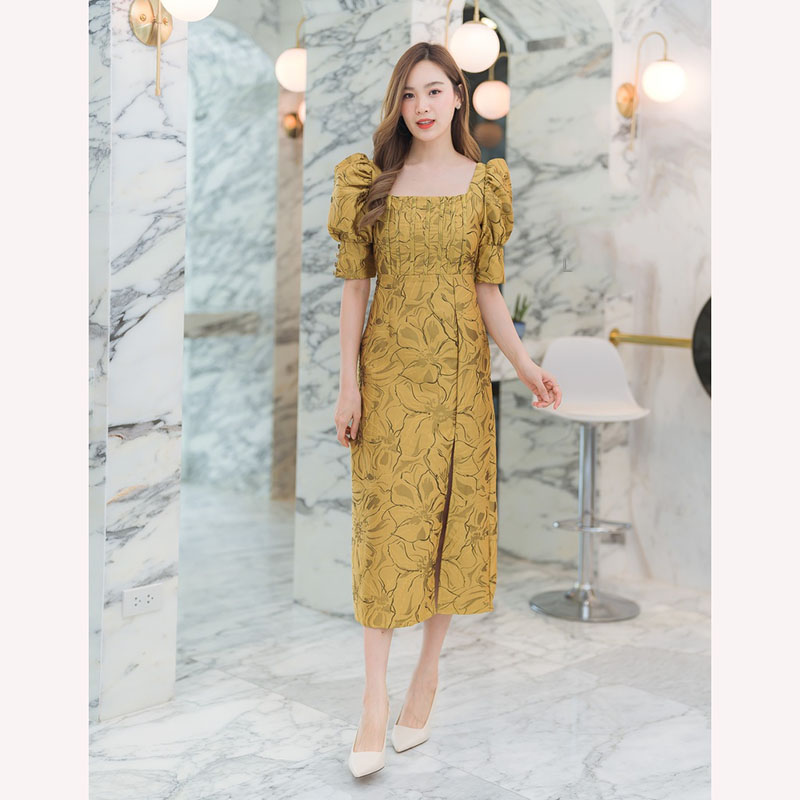 kudapy เดรสยาวสีชมพู/สีแดง/สีเหลือง ผ่าหน้าแขนตุ๊กตา สวยดูดีใส่สบาย