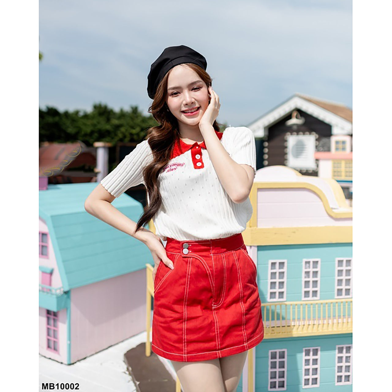 kudapy ชุดเซ็ทเสื้อเชอรี่ กระโปรงแดงสั้นใส่สบายสวยดูน่ารัก