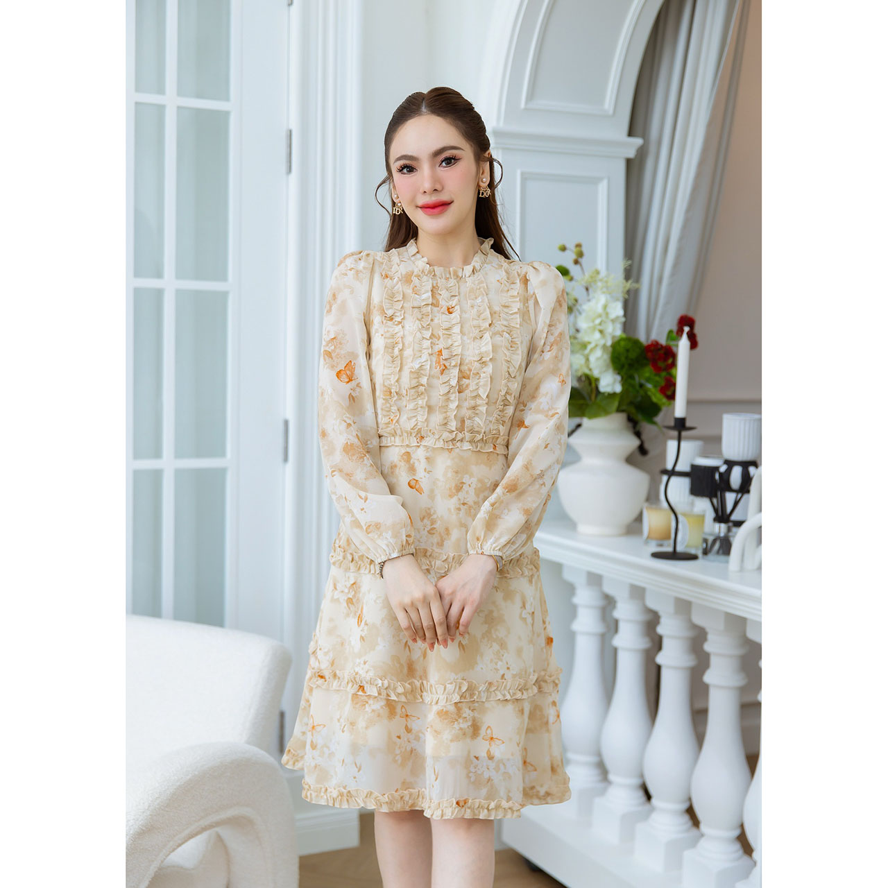 kudapy เดรสแขนยาวผ้าชีฟองลายดอกสวยละมุน โทนสีพาสเทลสวยหวาน มีดีเทลเย็บเป็นระบาย