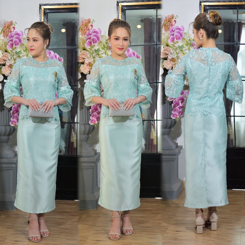 kudapy ชุดเซ็ท สีเขียวมิ้นท์,สีชมพูโรสโกลด์ ผ้าไหมญี่ปุ่น ผ้าหนาเงา เสื้อลูกไม้ใยบวบ เอวระบายคอกลม