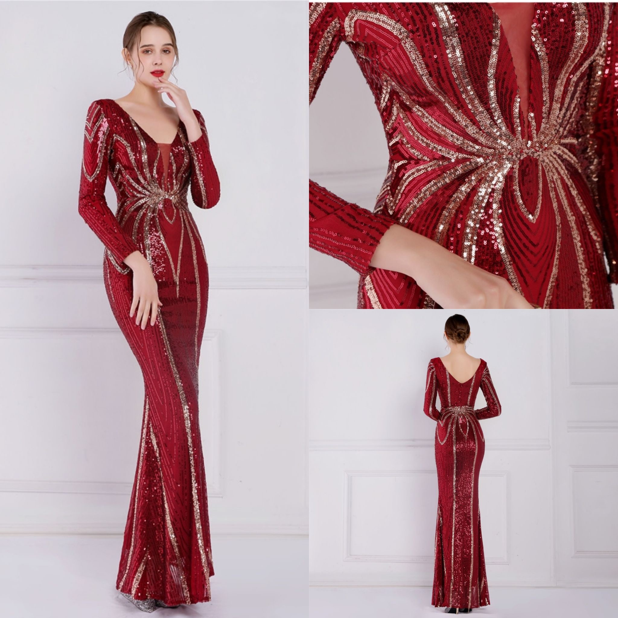 kudapy ชุดราตรียาวผ้ากริสเตอร์ คอวี แขนยาว โชว์อก ผ้าแต่งลายเพชร สีครีมทองโรสโกลด์,สีครีม-เทา,สีเขียว-แดง,สีทอง-แดง,สีทอง-ดำ,สีขาวมุก