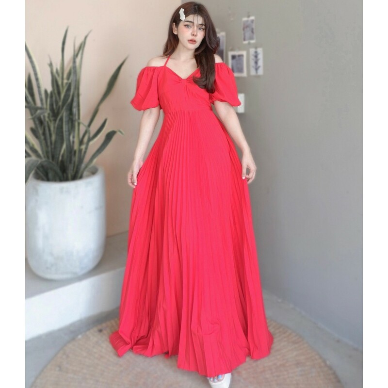 kudapy เดรสยาวแขนพอง สายผูกคอ กระโปรงอัดพลีท เดรสไปทะเลพริ้วๆ