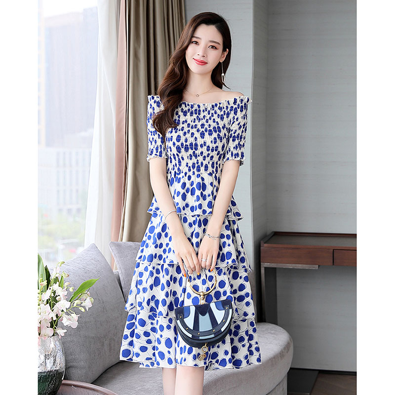 kudapy ชุดเดรสสั้นสีแดง,สีน้ำเงิน ใส่ทำงาน ผ้าโพลีเอสเตอร์ผสมพื้นสีครีม