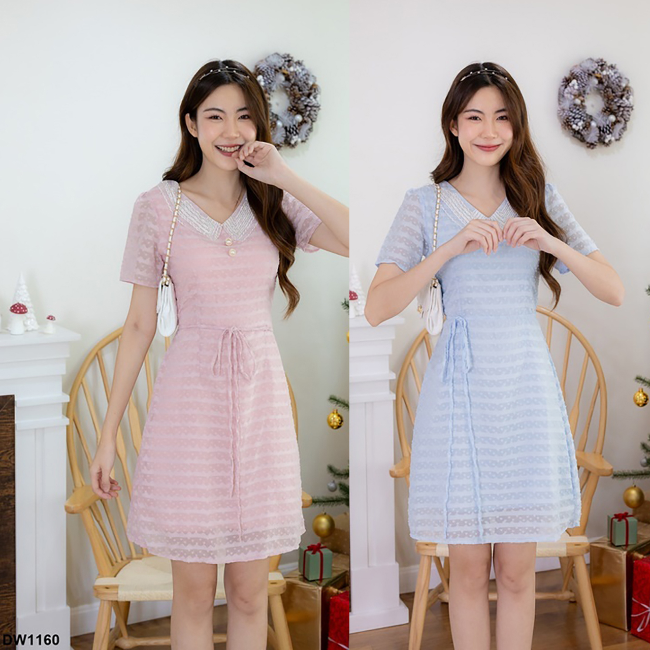 kudapy เดรสสั้นสีชมพู/สีฟ้า คอปกทอง+เชือกผูกเอว