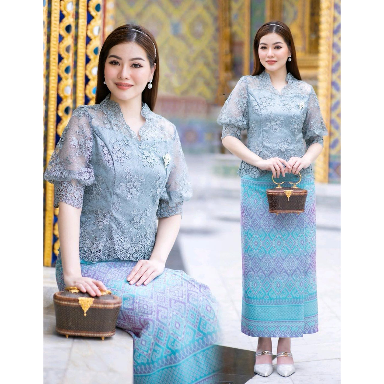 kudapy เซต 2 ชิ้น เสื้อสีเขียวหม่นเทา ใช้ผ้าลูกไม้เนื้อดีทอลายแน่นทั้งตัว มีซิปหลังสวมใส่ง่าย