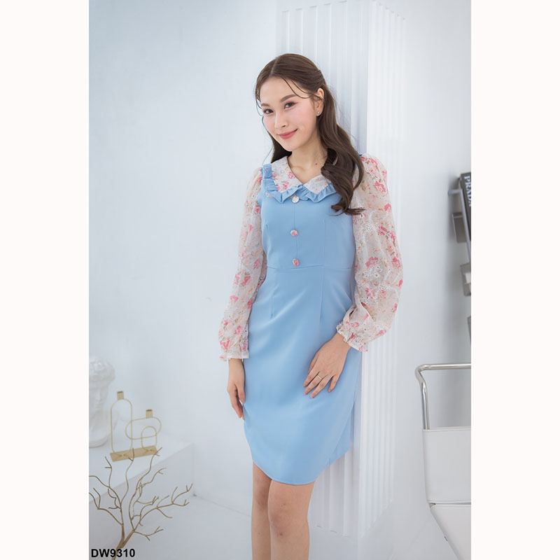 kudapy เดรสสั้นสีชมพู/สีดำ/สีฟ้า ผ้าพื้นแขนยาวลายดอกปัก