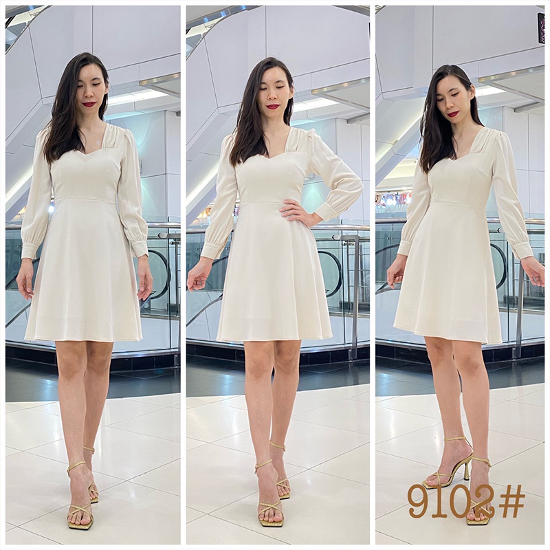 kudapy เดรสสั้นสีครีม ชมพู ชมพูพีช กรม เขียวมิ้นต์ แดง กระโปรงบาน พรางสะโพก ซิปหลัง ใส่ง่าย เนื้อผ้าเครปเกาหลี เย็นสบาย