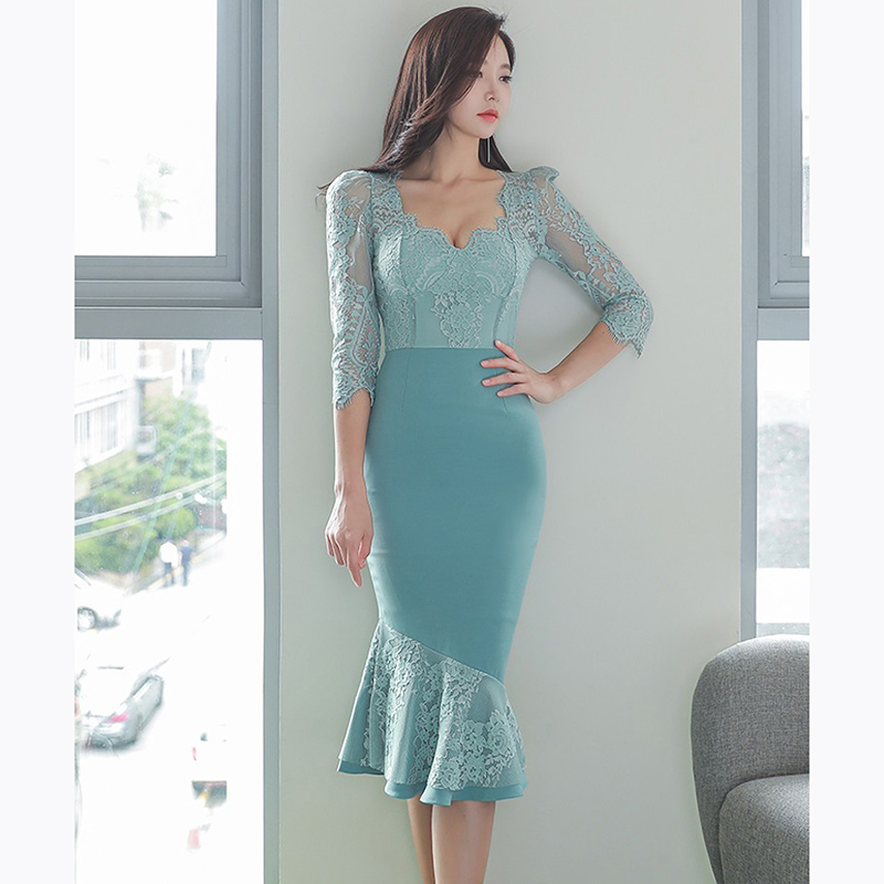 kudapy เดรสสั้นสีฟ้า ตัวเสื้อผ้าลูกไม้เนื้อดี ชนิดยืดหยุ่นได้ แขนยาวสี่ส่วน