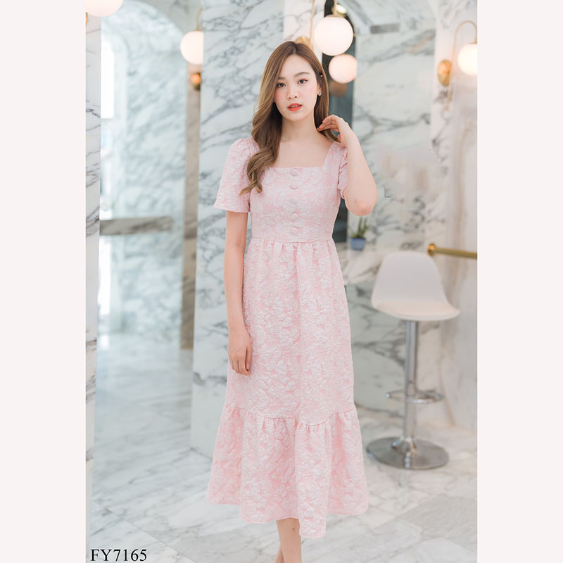 kudapyเดรสยาวสีแดง/สีชมพู/สีขาว แขนกระบอกสั้น ใส่สบายสวยดูดี