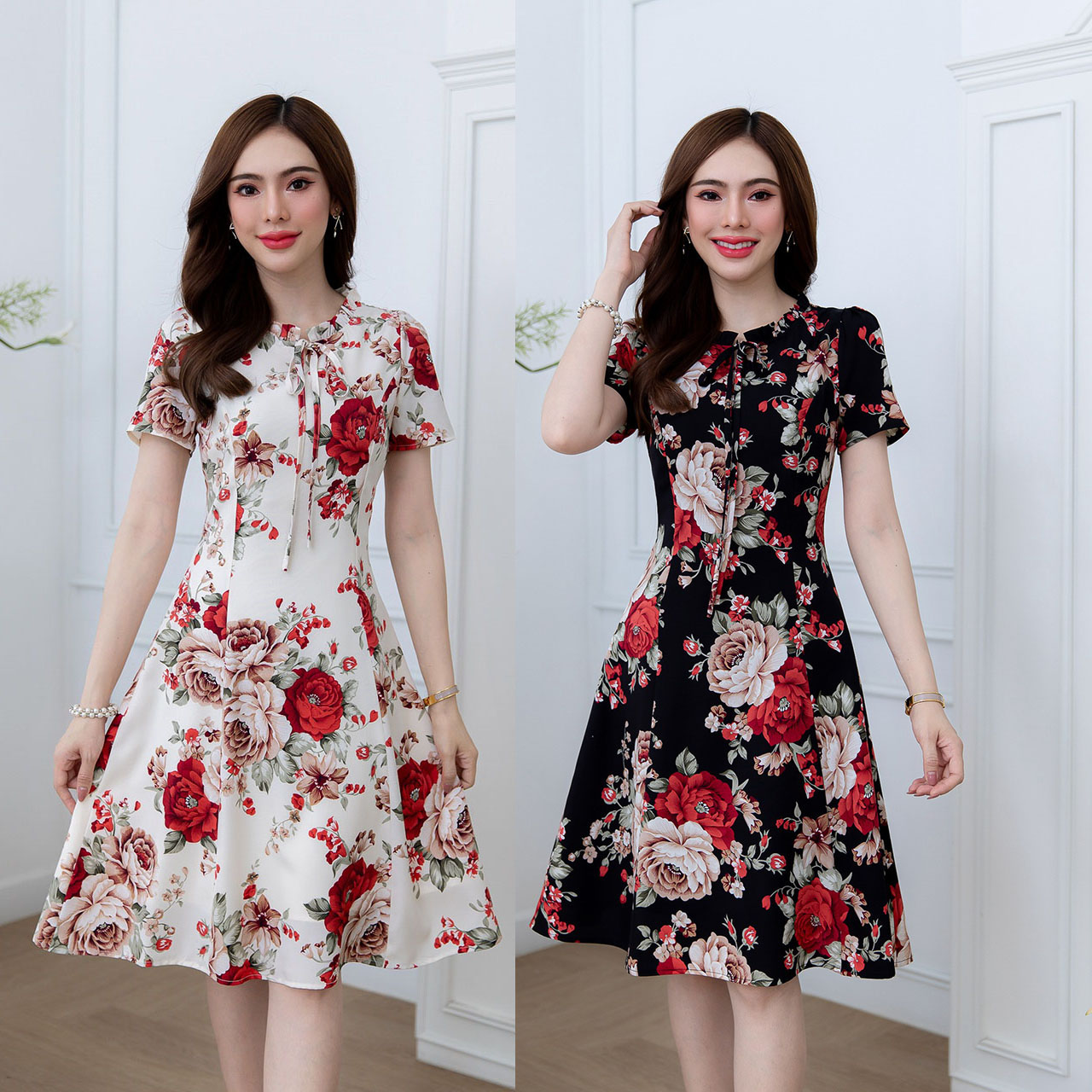 kudapy เดรสสั้นสีดำ/สีครีม ลายดอก ดีเทลจับจีบรอบคอ ผูกโบว์สวยเก๋ เนื้อผ้าใส่สบายทึบแสงไม่ใช่ชีฟอง