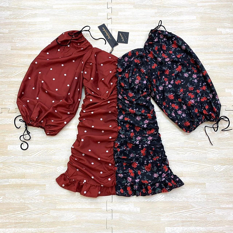 kudapy เดรส two tone เย็บย่นด้วยยางยืดชนิดอย่างดี เย็บคู่กับซิปแบบซ่อนที่ด้านหลัง แขนพอง