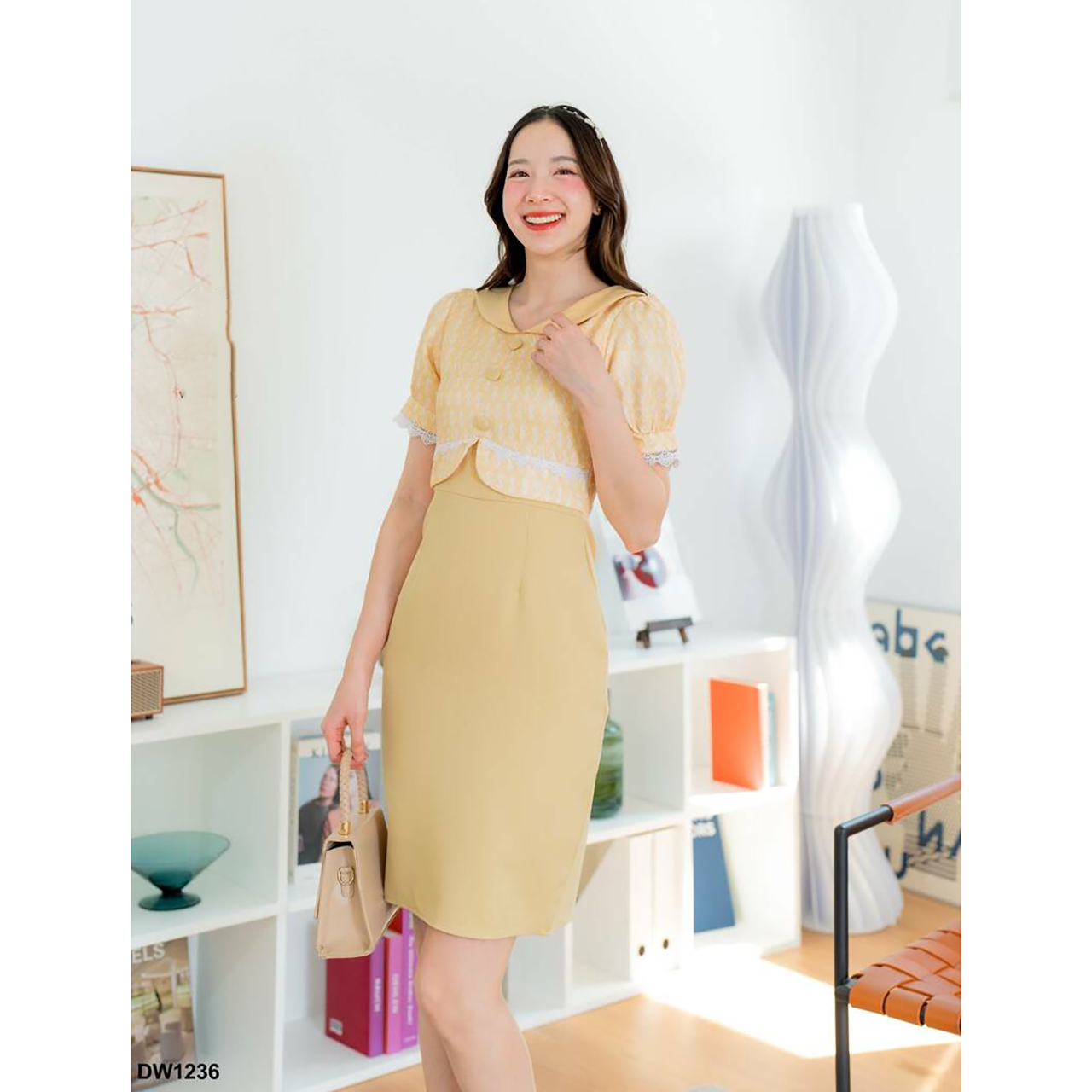 kudapy เดรสสั้นสีม่วง/สีฟ้า/สีเหลือง ผ้าพื้นกั๊กลายไทย เดรสใส่ออกงาน ใส่ทำงาน